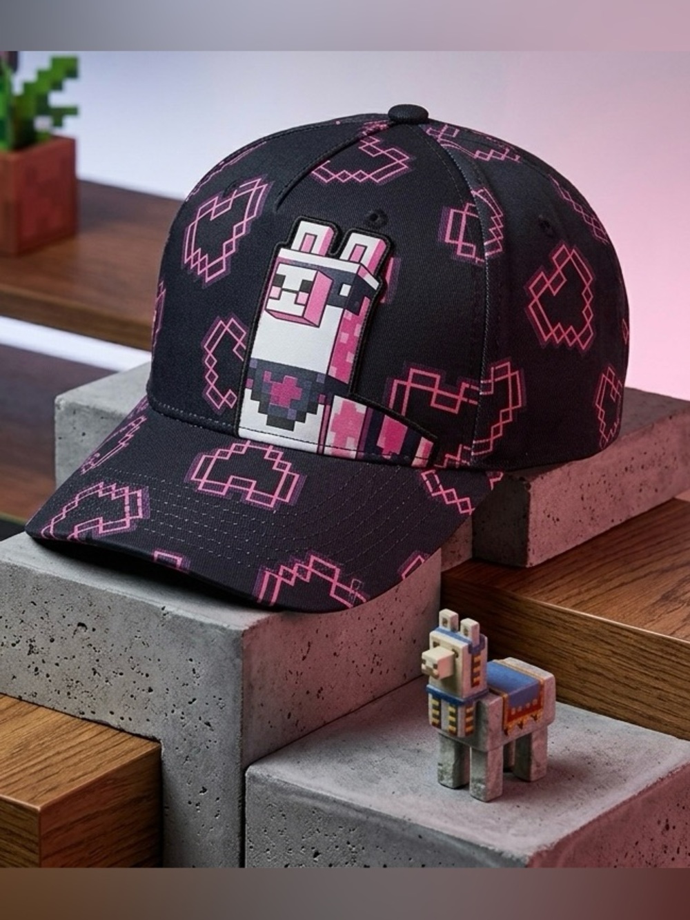 Minecraft Llama Baseball Cap Pink Pixel Hat Snap Back Girl Small Youth